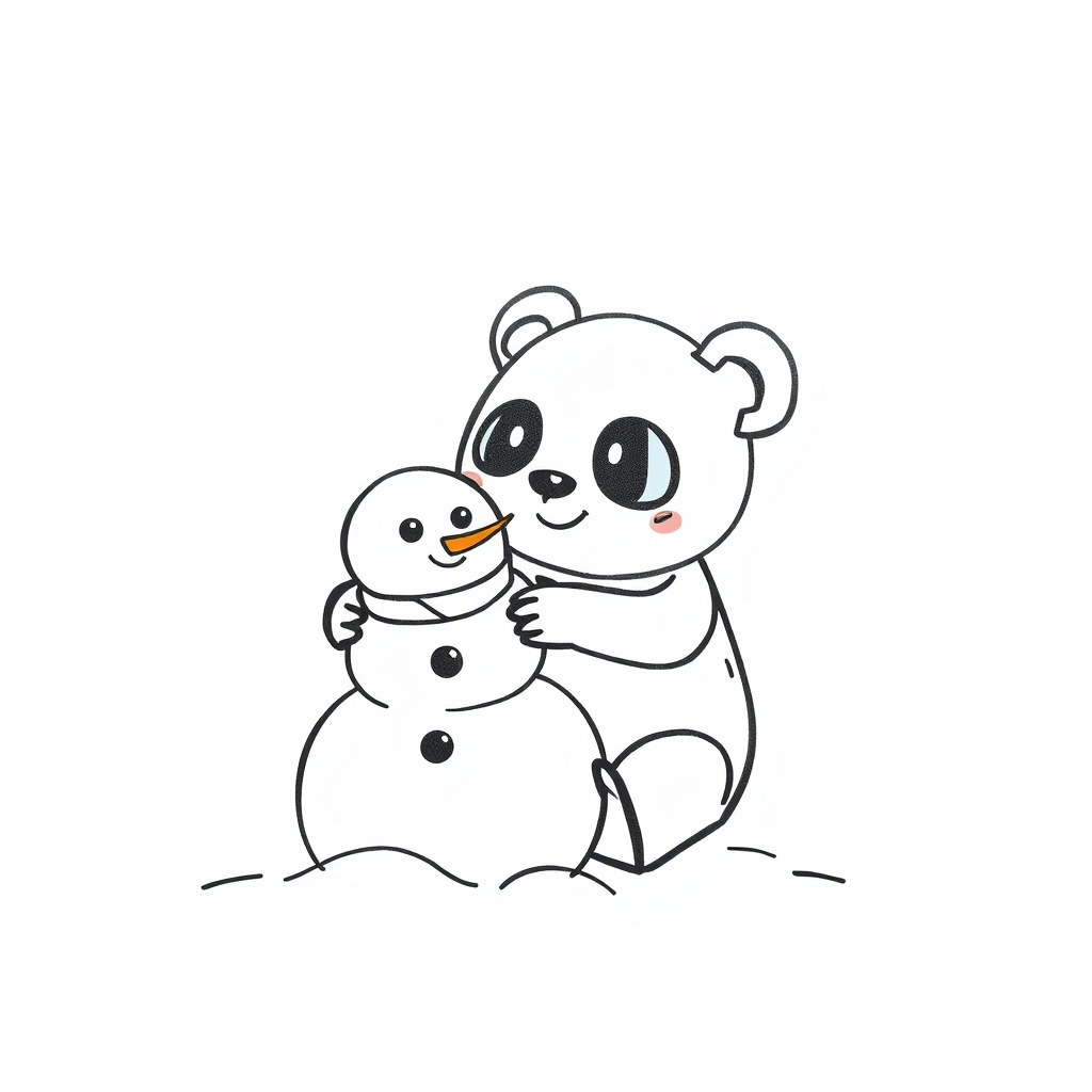 Cartoon Panda building a snowman