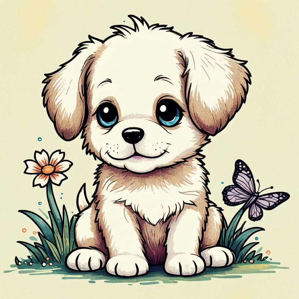 Colored Chibi Puppy sitting with a butterfly