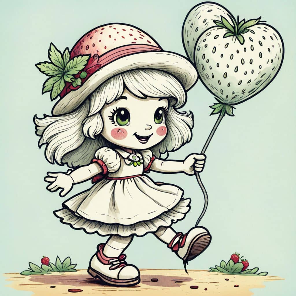 Colored Strawberry Shortcake - the character from Strawberry Shortcake cartoon dancing with a strawberry balloon