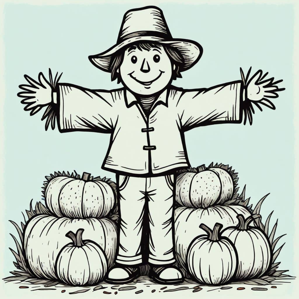 Colored Scarecrow surrounded by hay bales