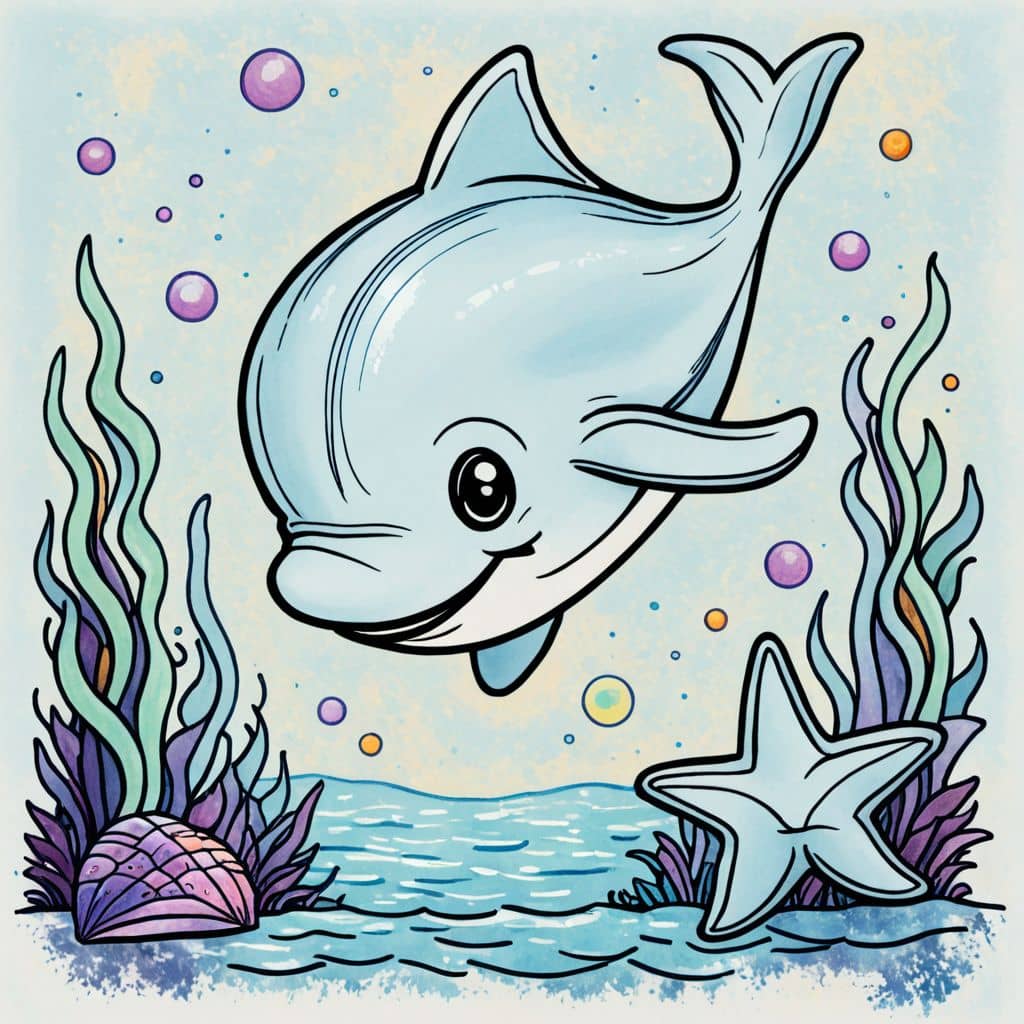 Colored Chibi dolphin swimming with a starfish friend
