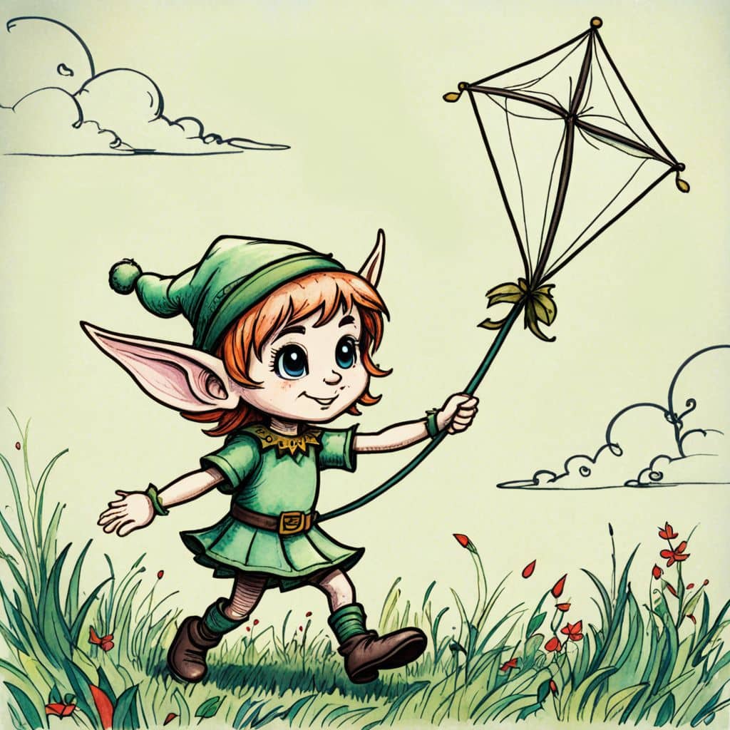 Colored Elf cartoon character flying a kite in a grassy field