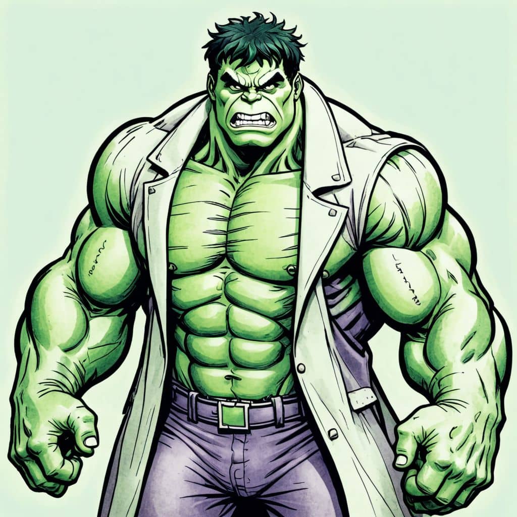 Colored Hulk from Marvel comics as a scientist with a lab coat