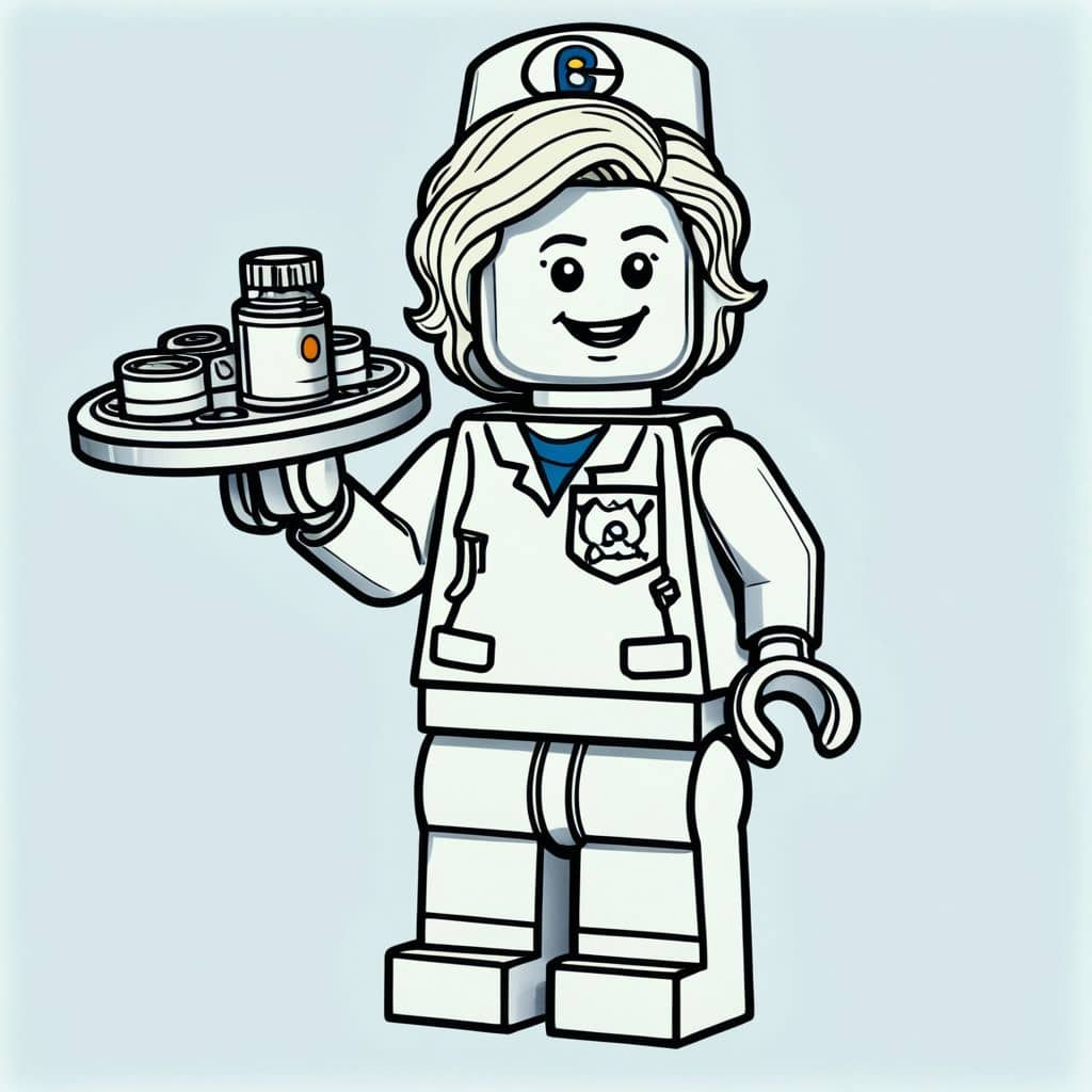 Colored Lego nurse from Lego Disney holding a tray with medicine