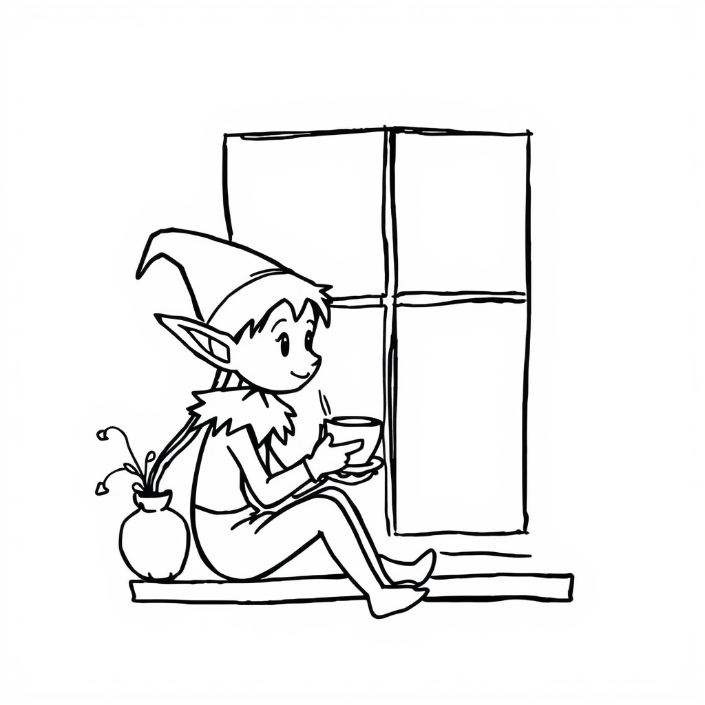 Elf sipping tea by a window.