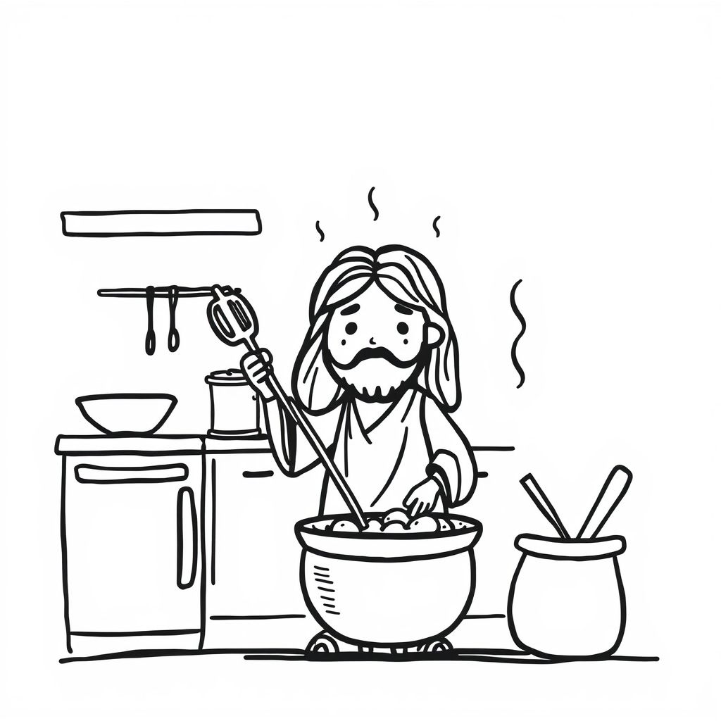 Jesus cooking in the kitchen