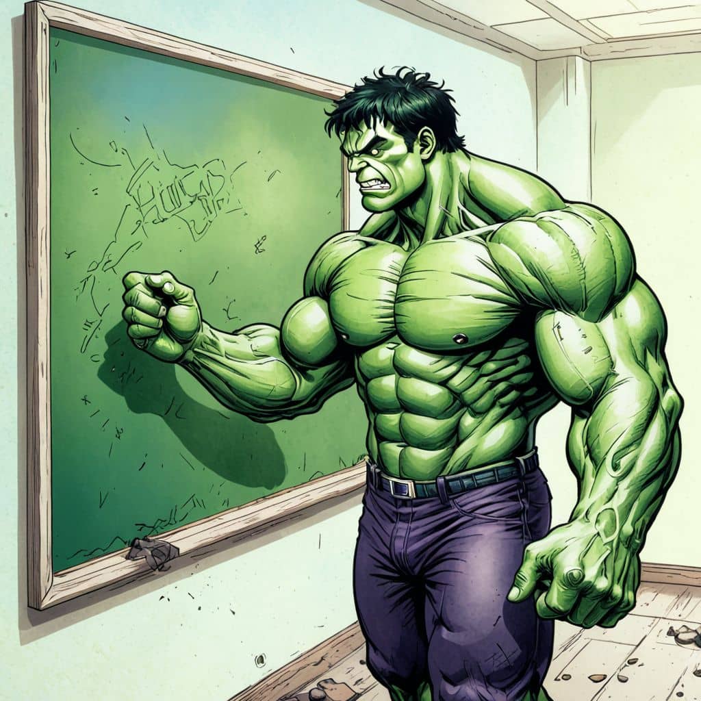 Colored Hulk from Marvel comics as a teacher writing on a chalkboard.