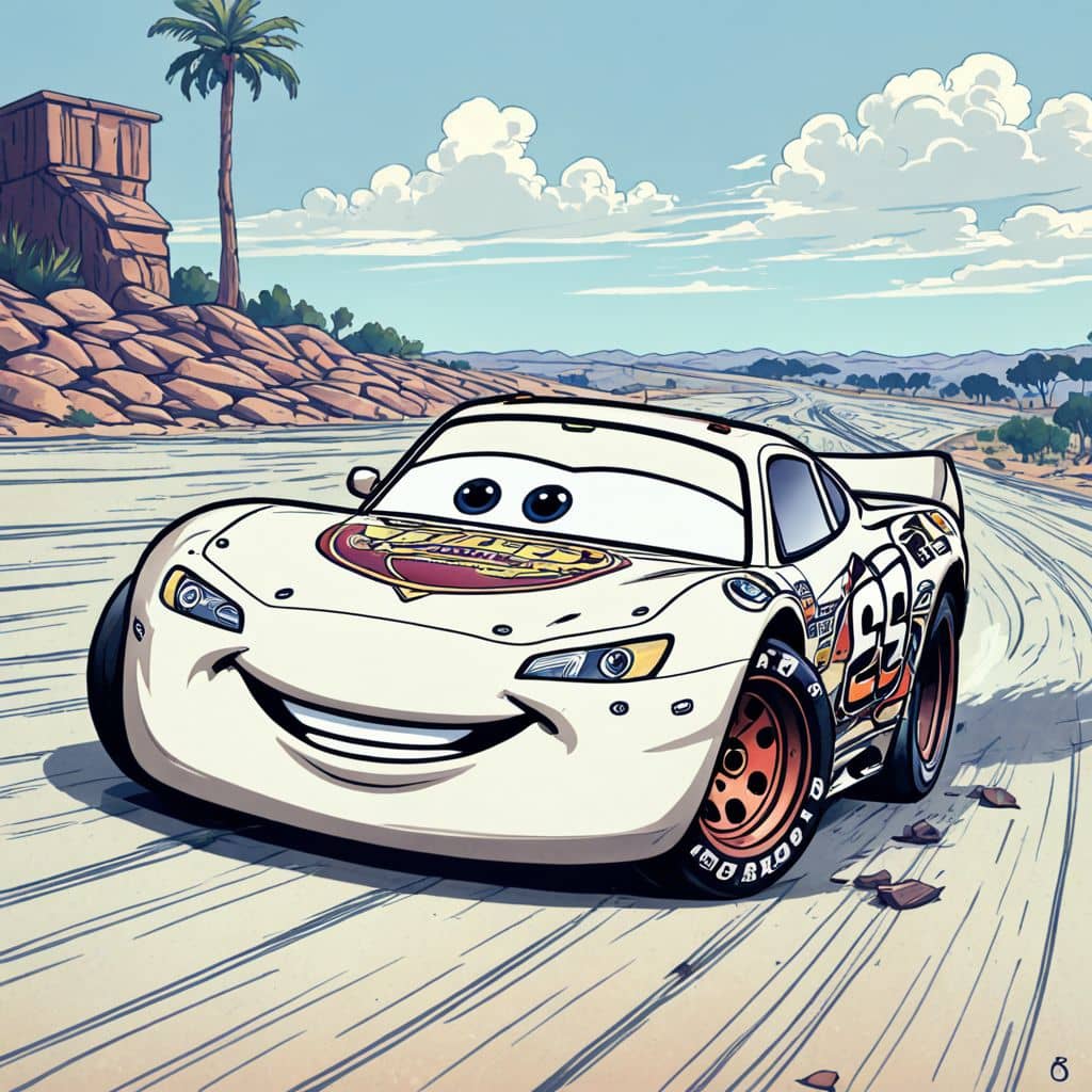 Colored Lightning McQueen - the race car from Cars movie racing on the beach with Cruz Ramirez