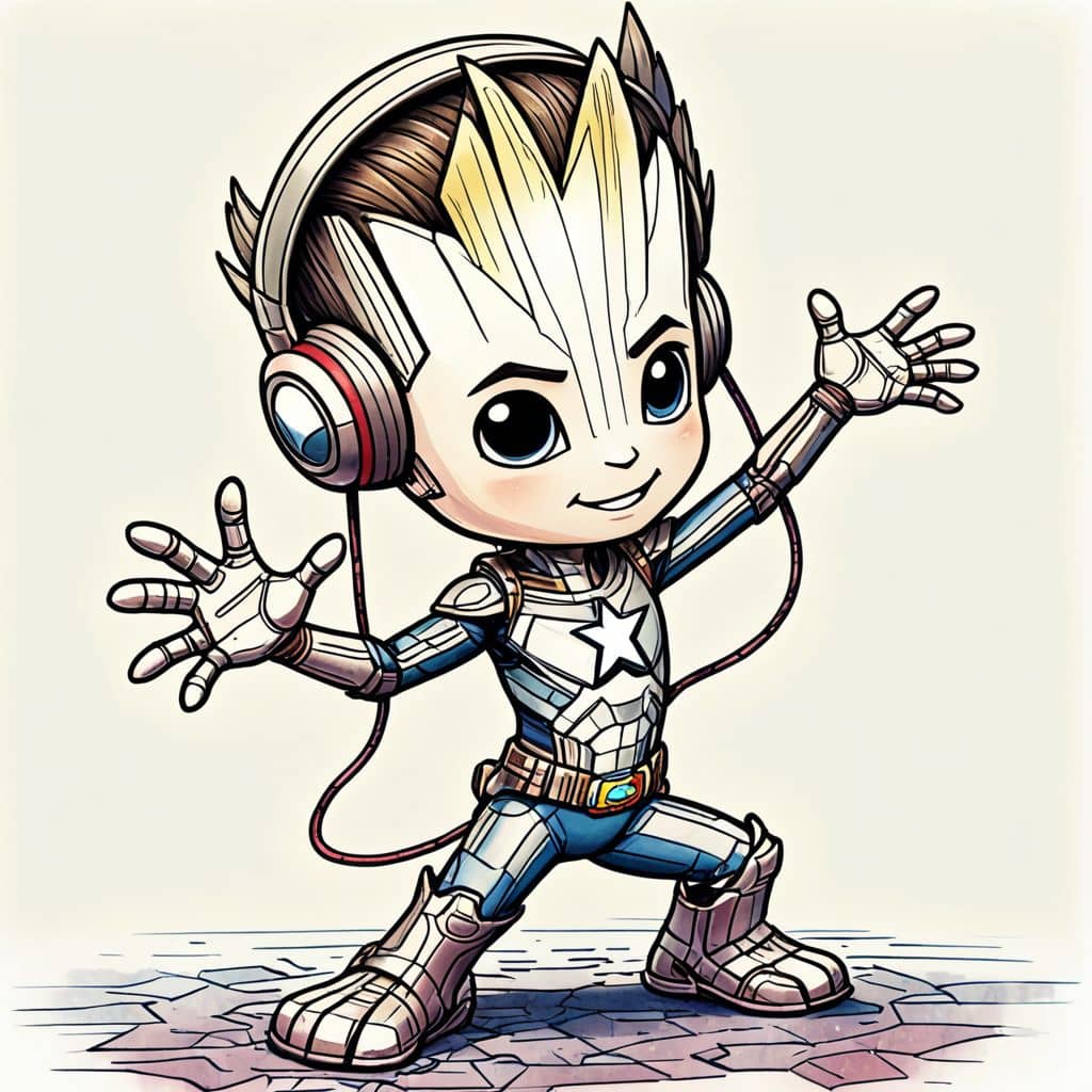 Colored Groot from Marvel dancing with headphones on.