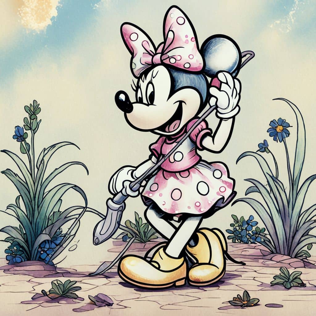Colored Minnie Mouse - the Disney character with a garden shovel.