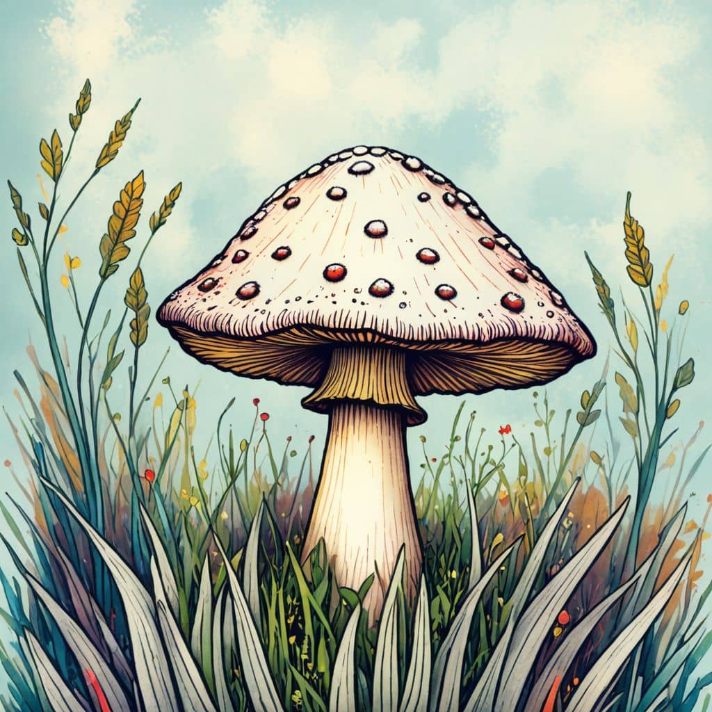 Colored Mushroom amidst tall grass.
