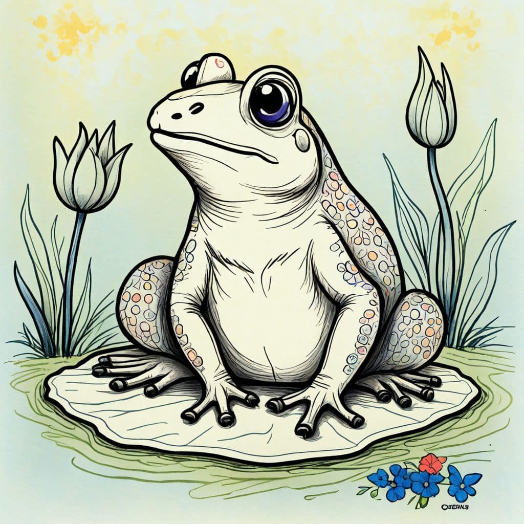 Colored Frog sitting on a lily pad.