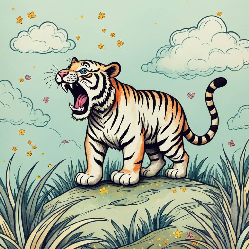Colored Tiger roaring on a hill.