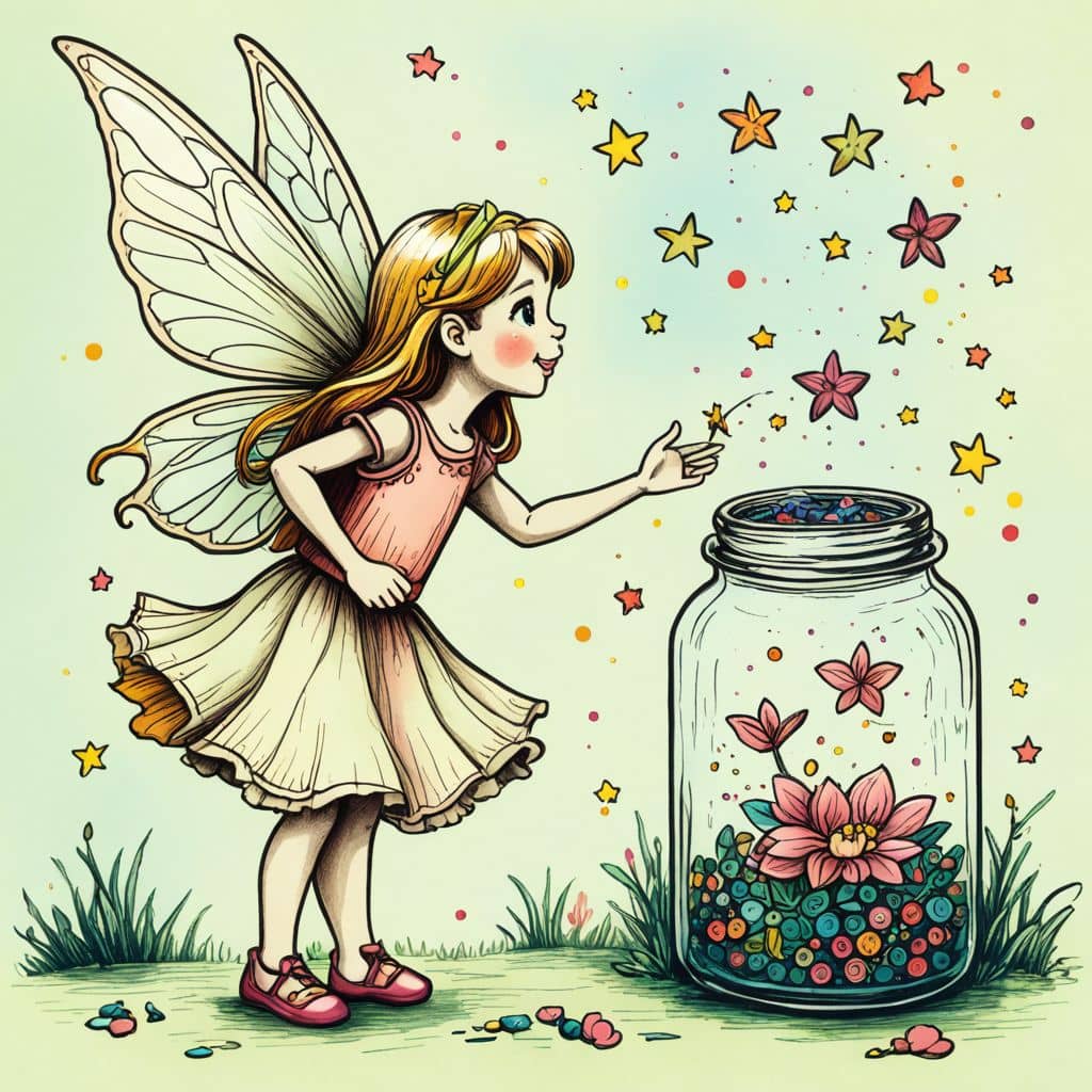 Colored Fairy catching stars in a jar.