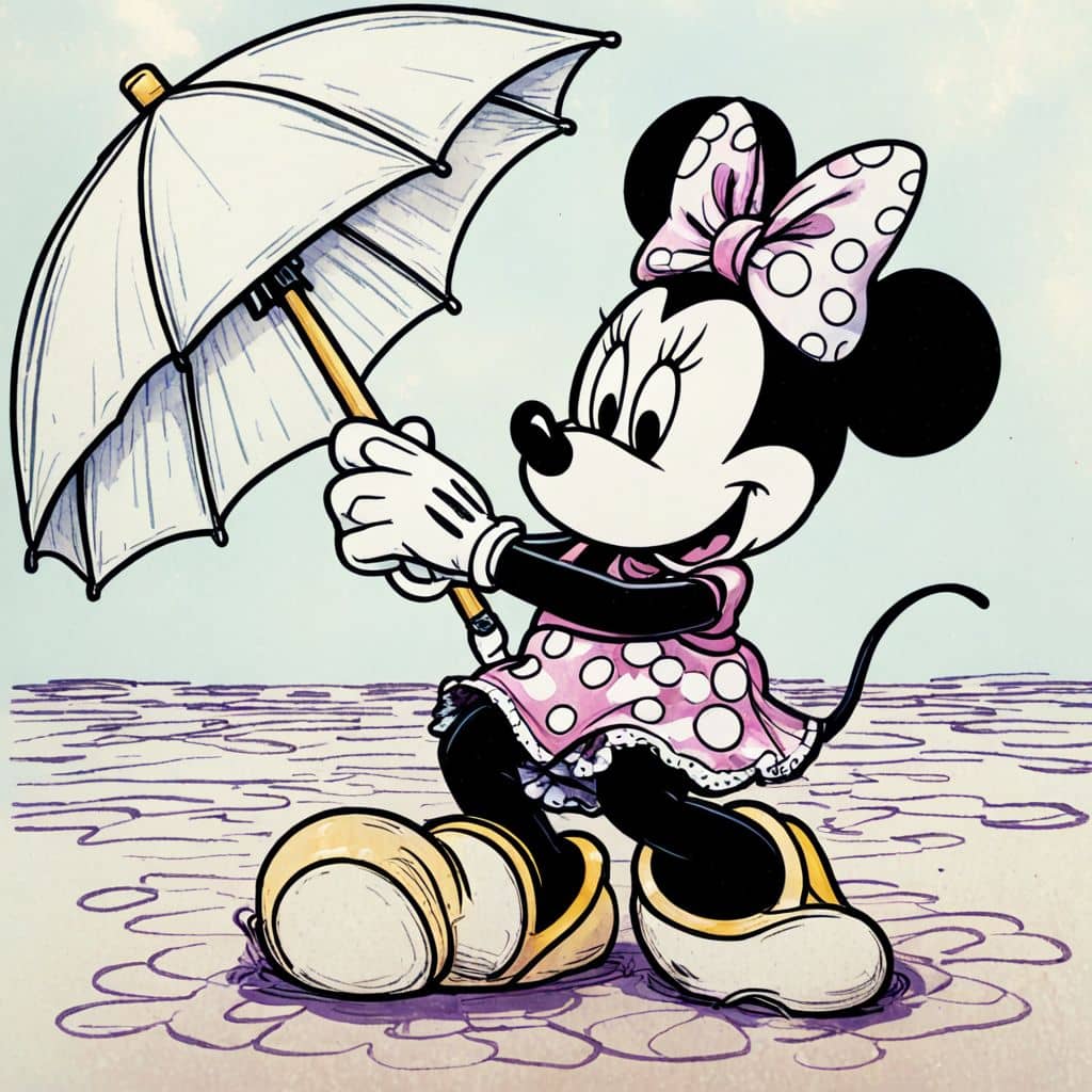 Colored Minnie Mouse from Disney under a beach umbrella