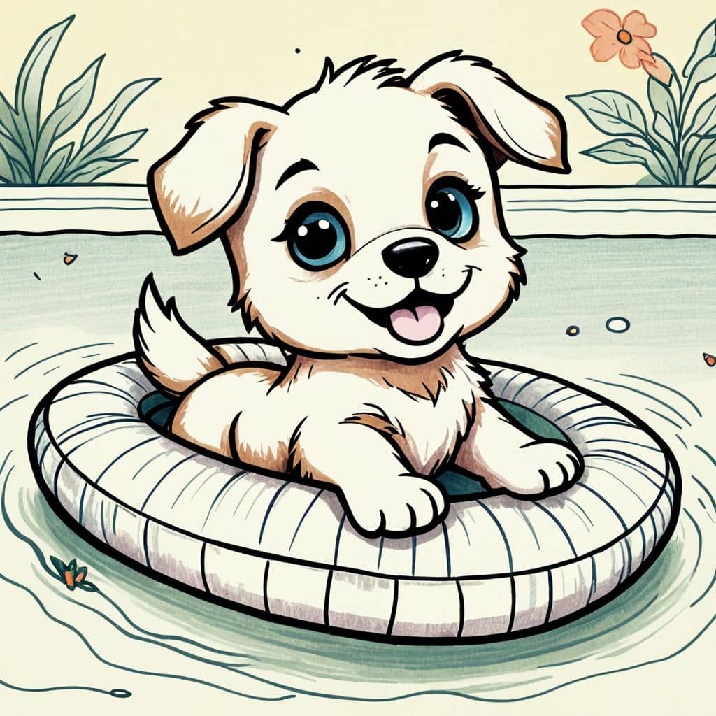 Colored Puppy swimming in a pool with a float