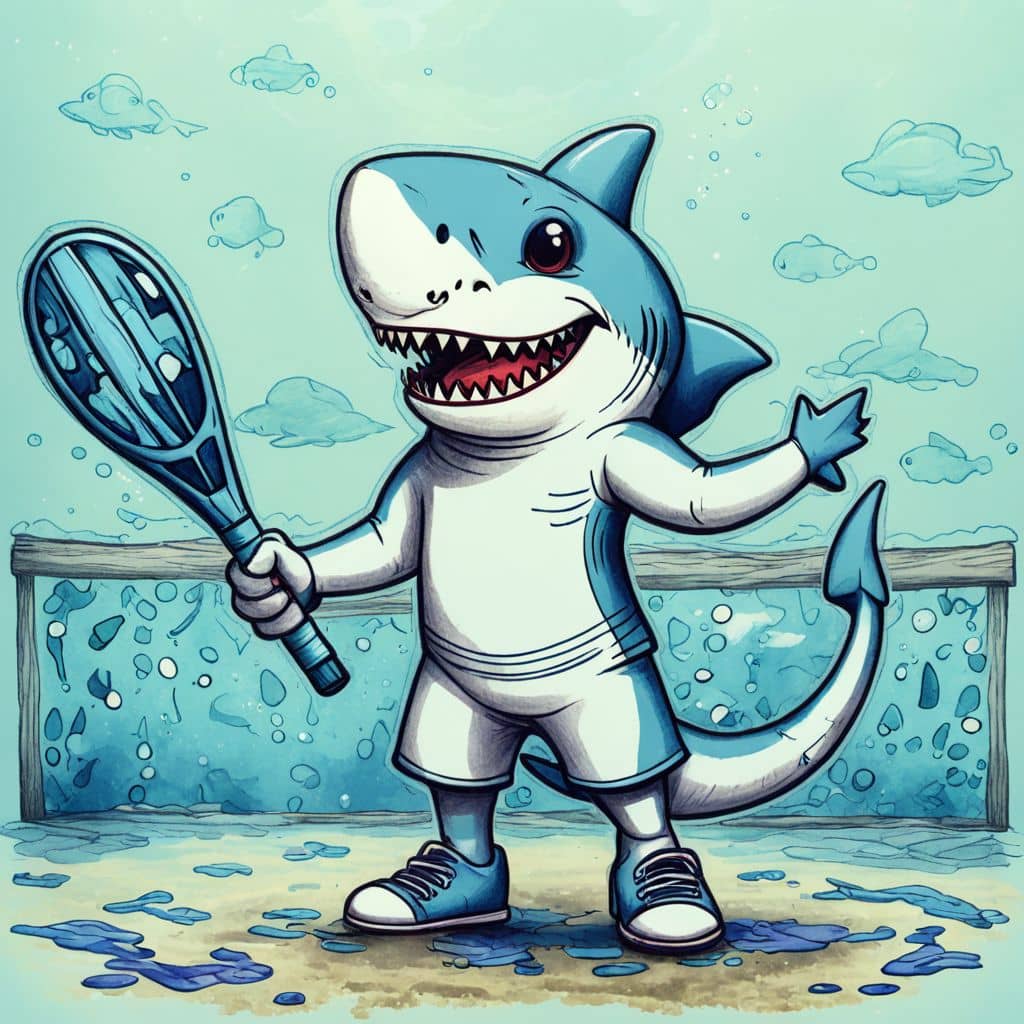 Colored Shark holding a tennis racket