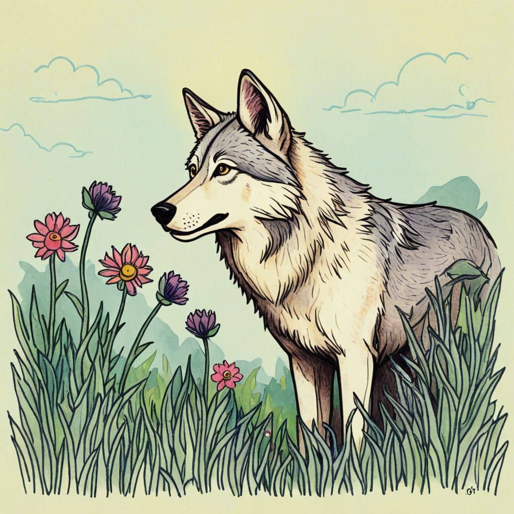 Colored Wolf sniffing flowers in a meadow