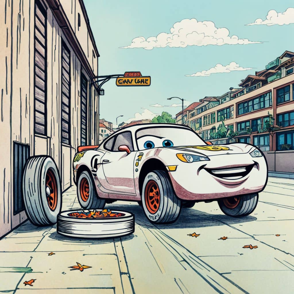 Colored Guido from Cars changing tires in the pit stop