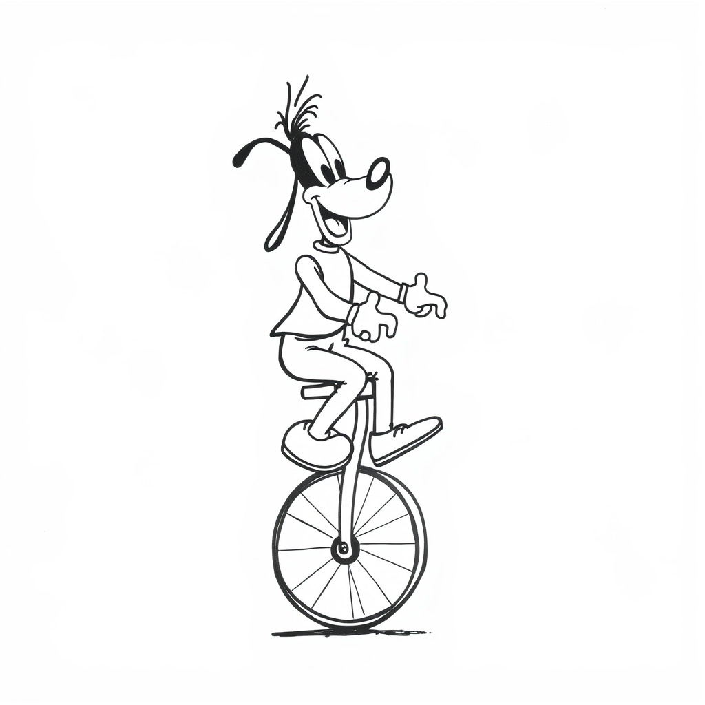 Goofy riding a unicycle