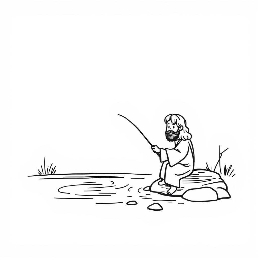 Jesus fishing by a river.