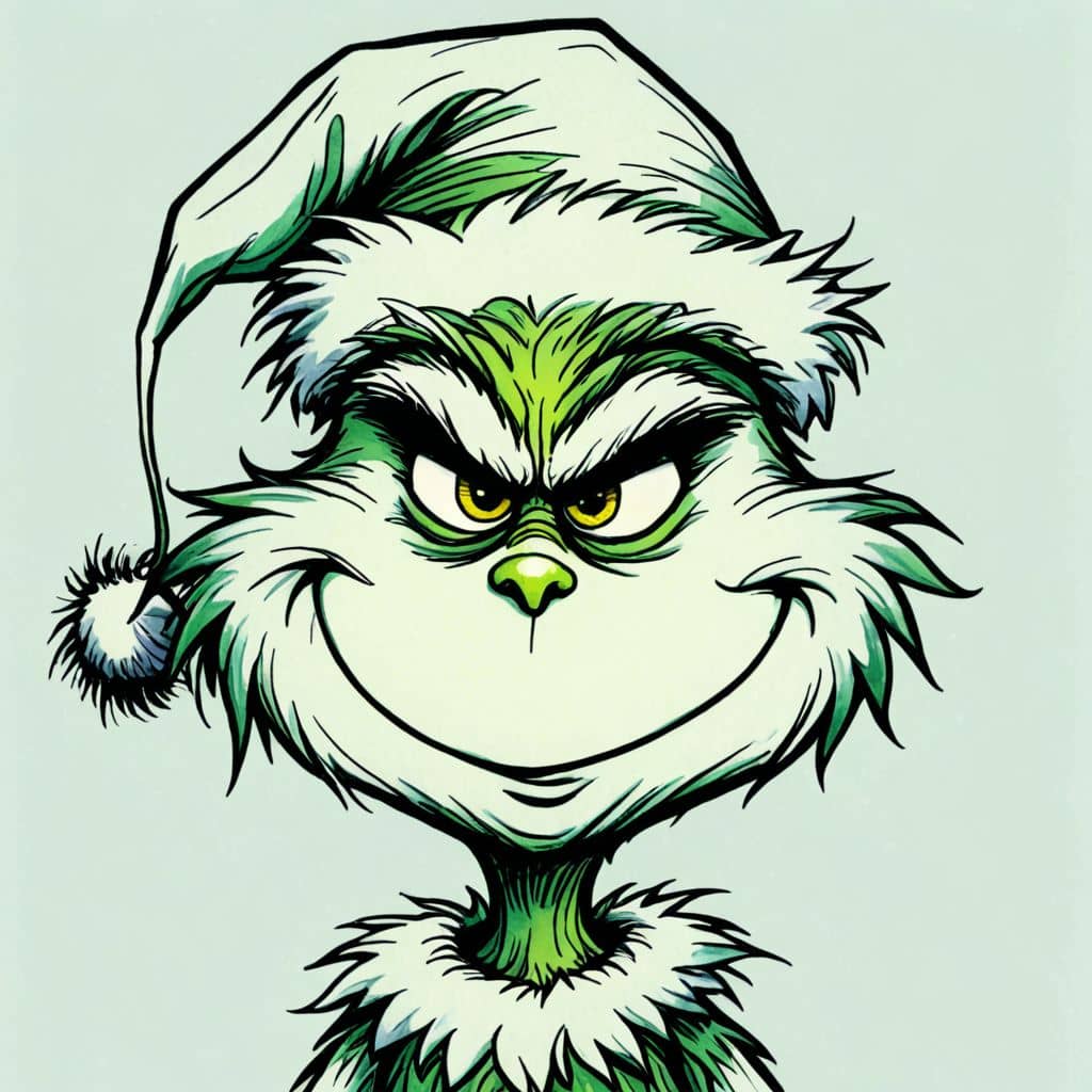 Colored Grinch - the character from Grinch cartoon wearing a Santa hat