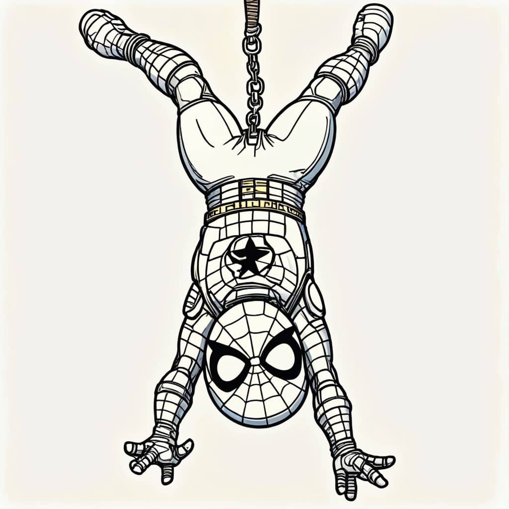 Colored Spider-Man - the superhero from Marvel hanging upside down in chibi style.