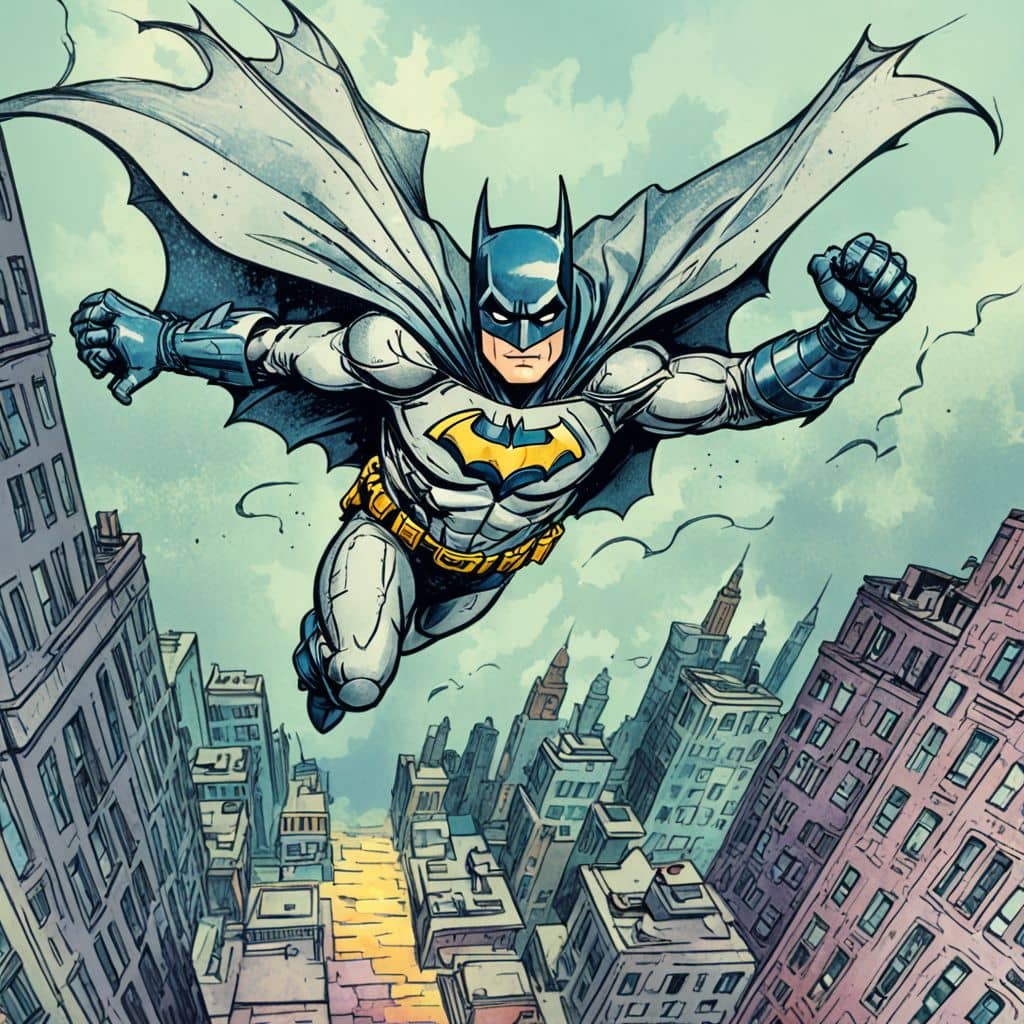 Colored Batman and Superman - the Kryptonian superhero from DC Comics flying over Gotham
