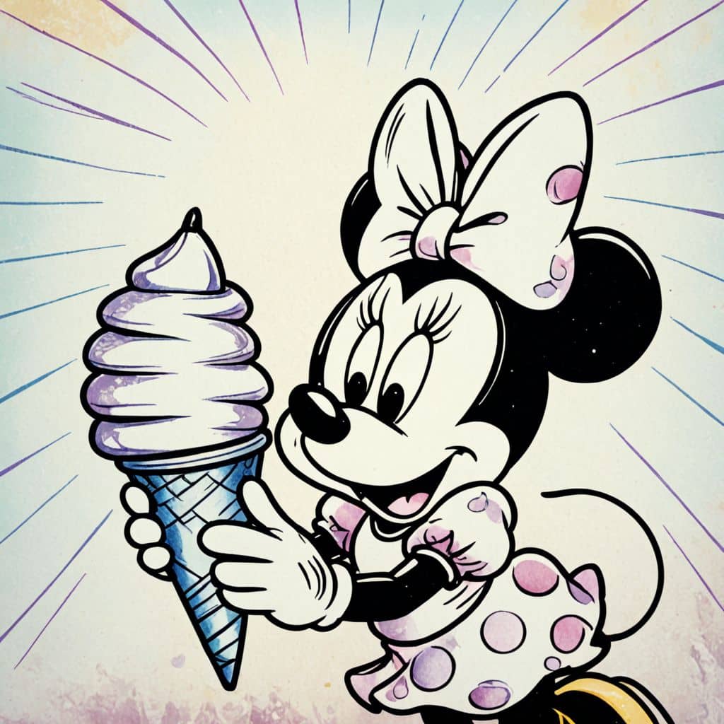Colored Minnie Mouse holding an ice cream cone under the sun