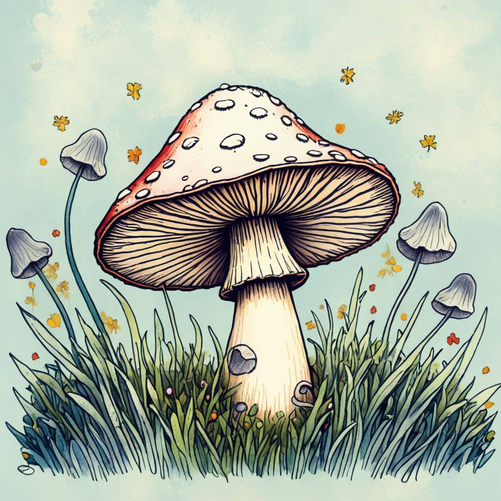 Colored Mushroom exploring a sunny meadow