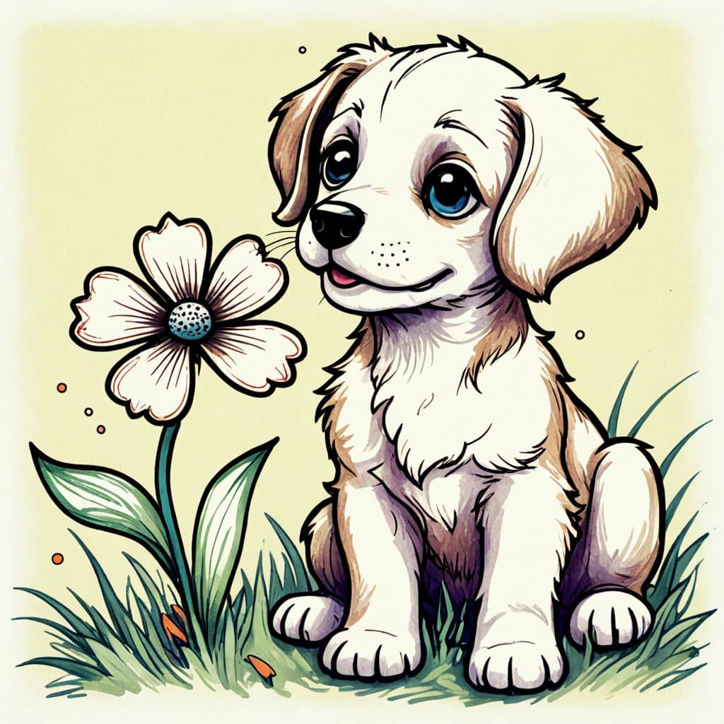 Colored Puppy smelling a flower