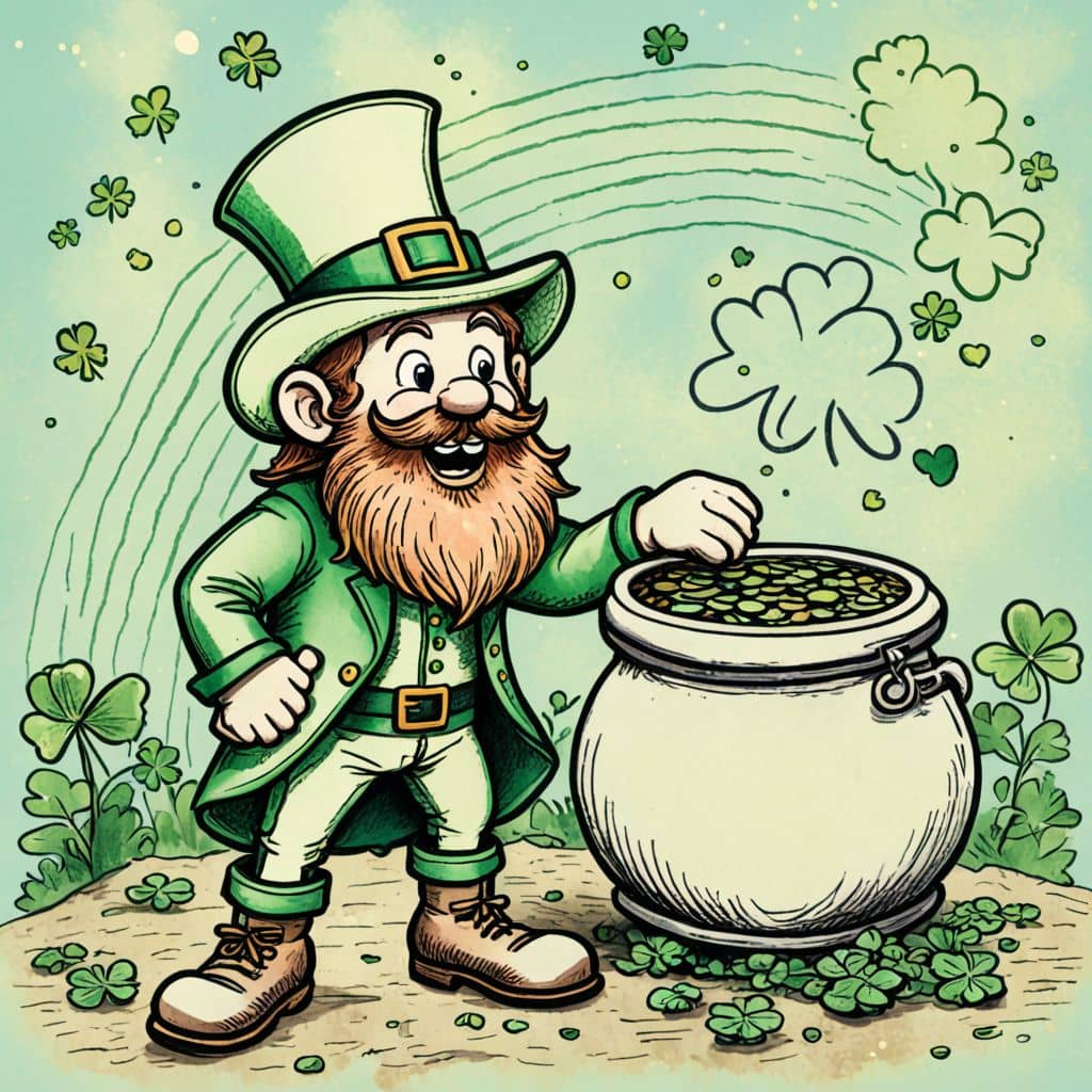 Colored Leprechaun with pot of gold under a rainbow