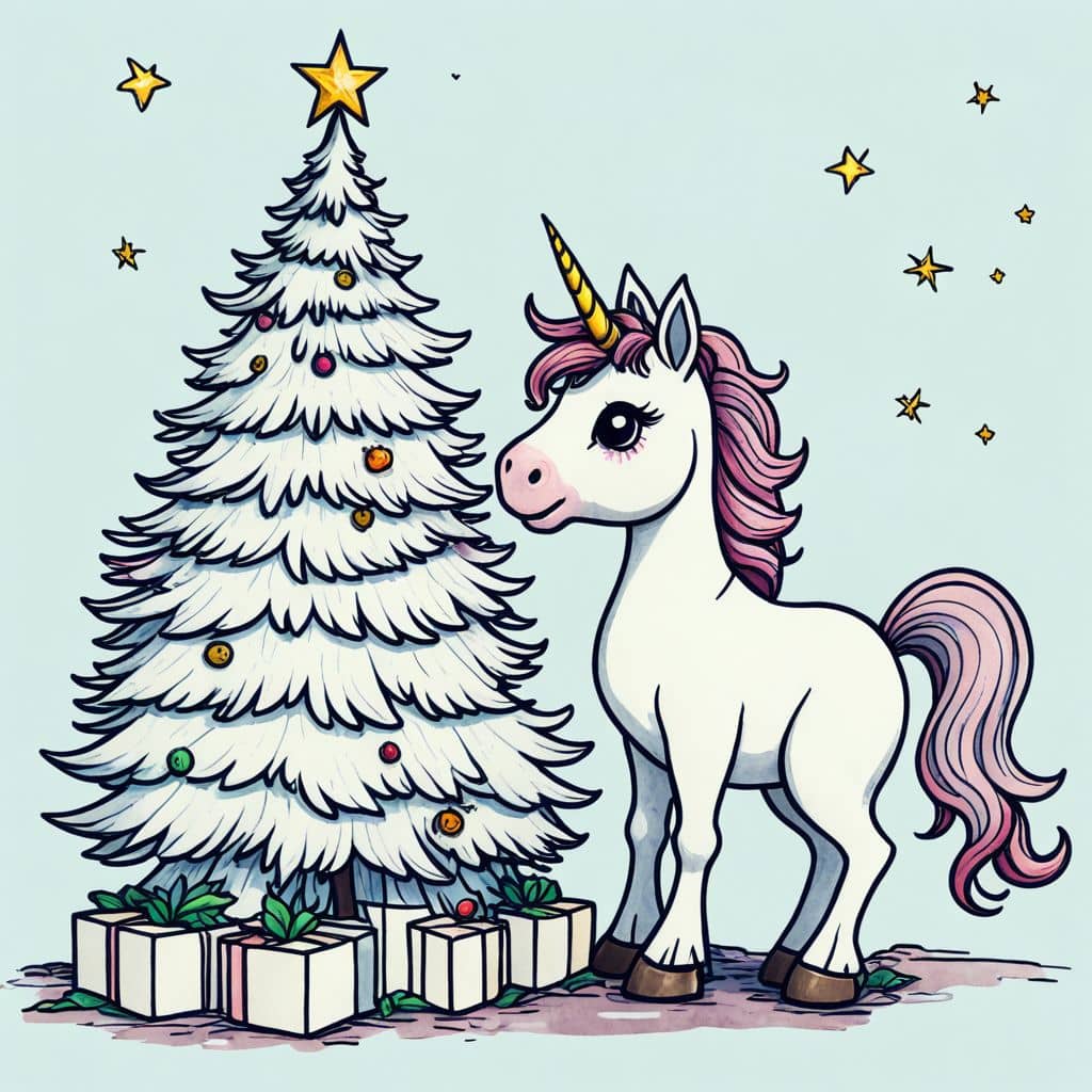 Colored Unicorn decorating a Christmas tree