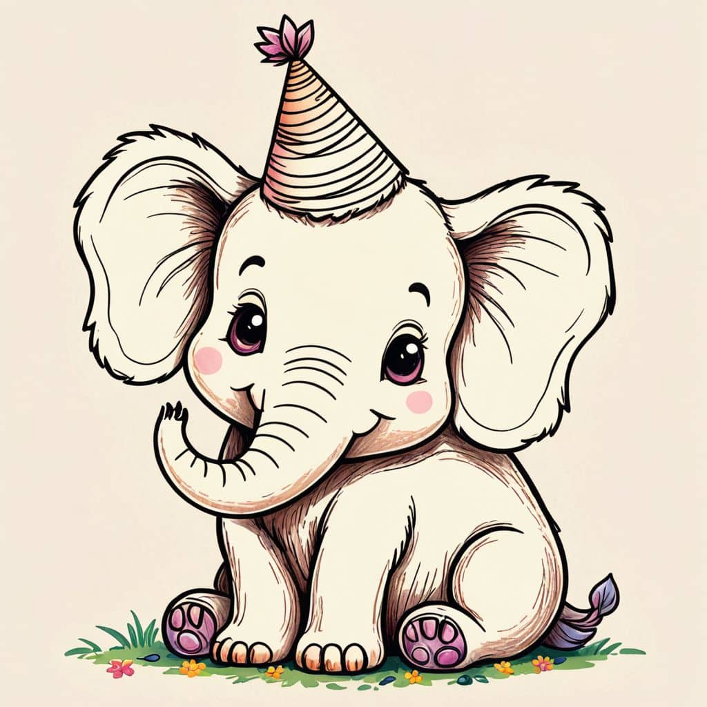 Colored Elephant with a party hat.