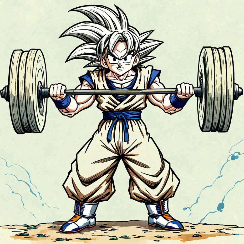 Colored Goku - the Saiyan from Dragon Ball Z lifting heavy weights