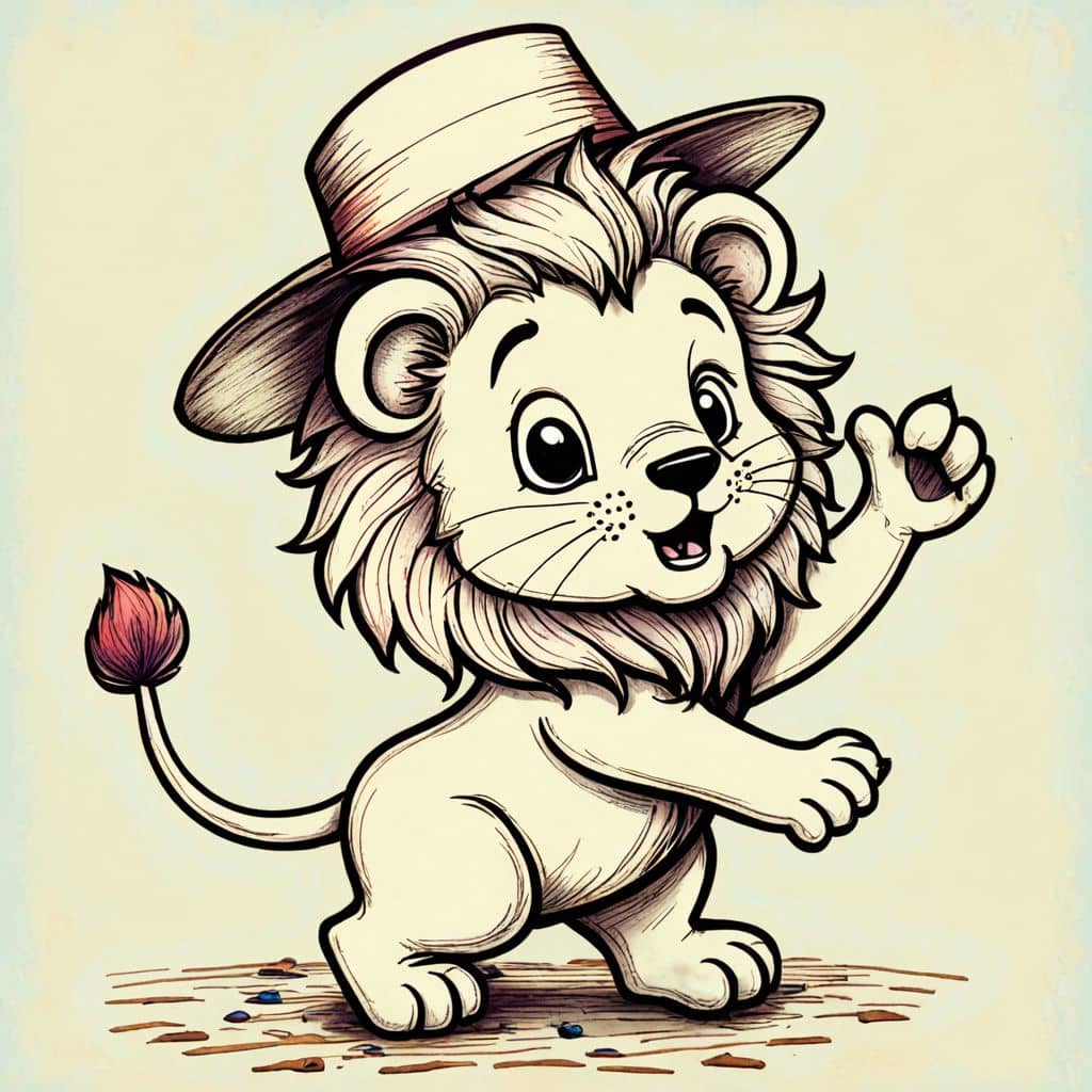 Colored Lion twirling with a hat
