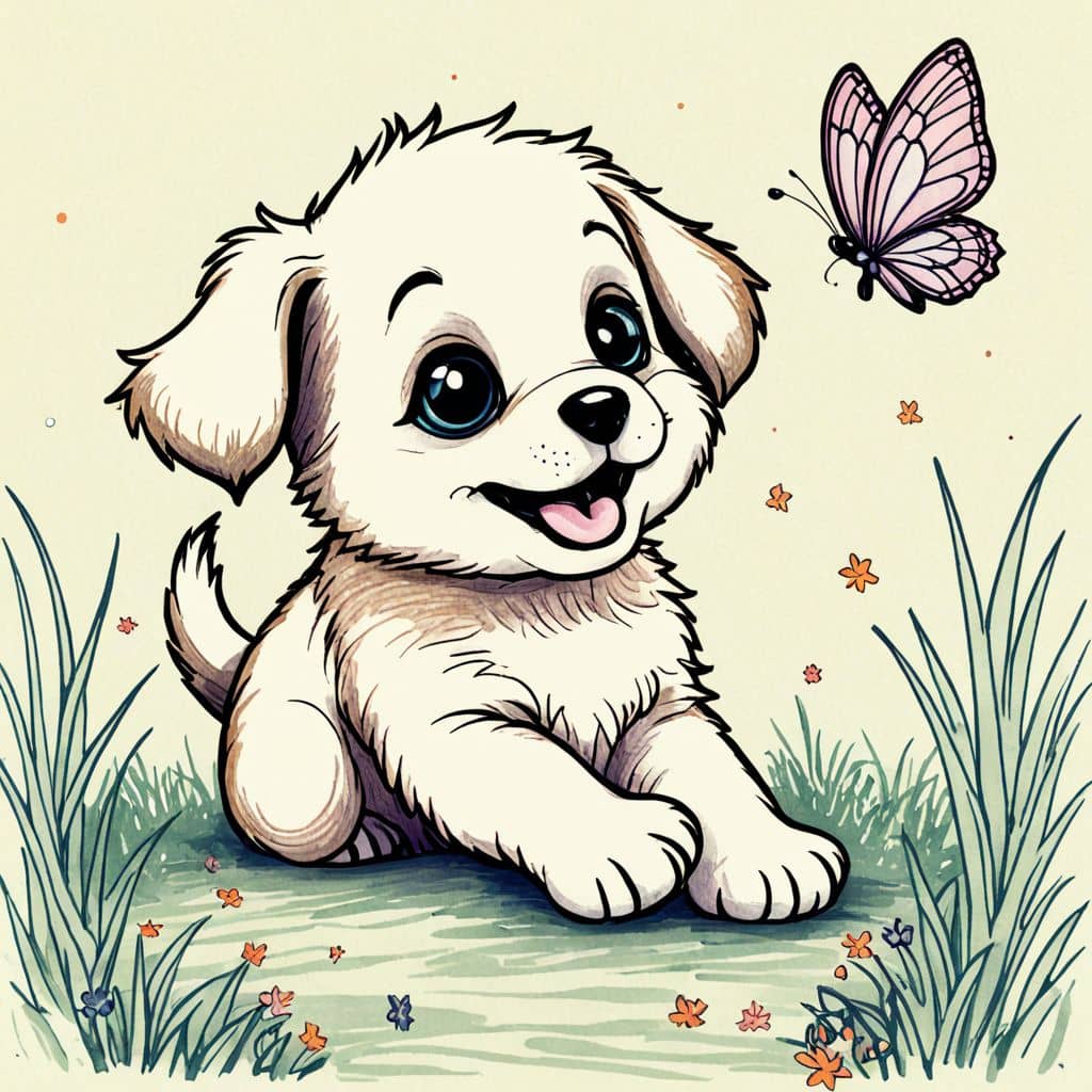 Colored Puppy chasing a butterfly