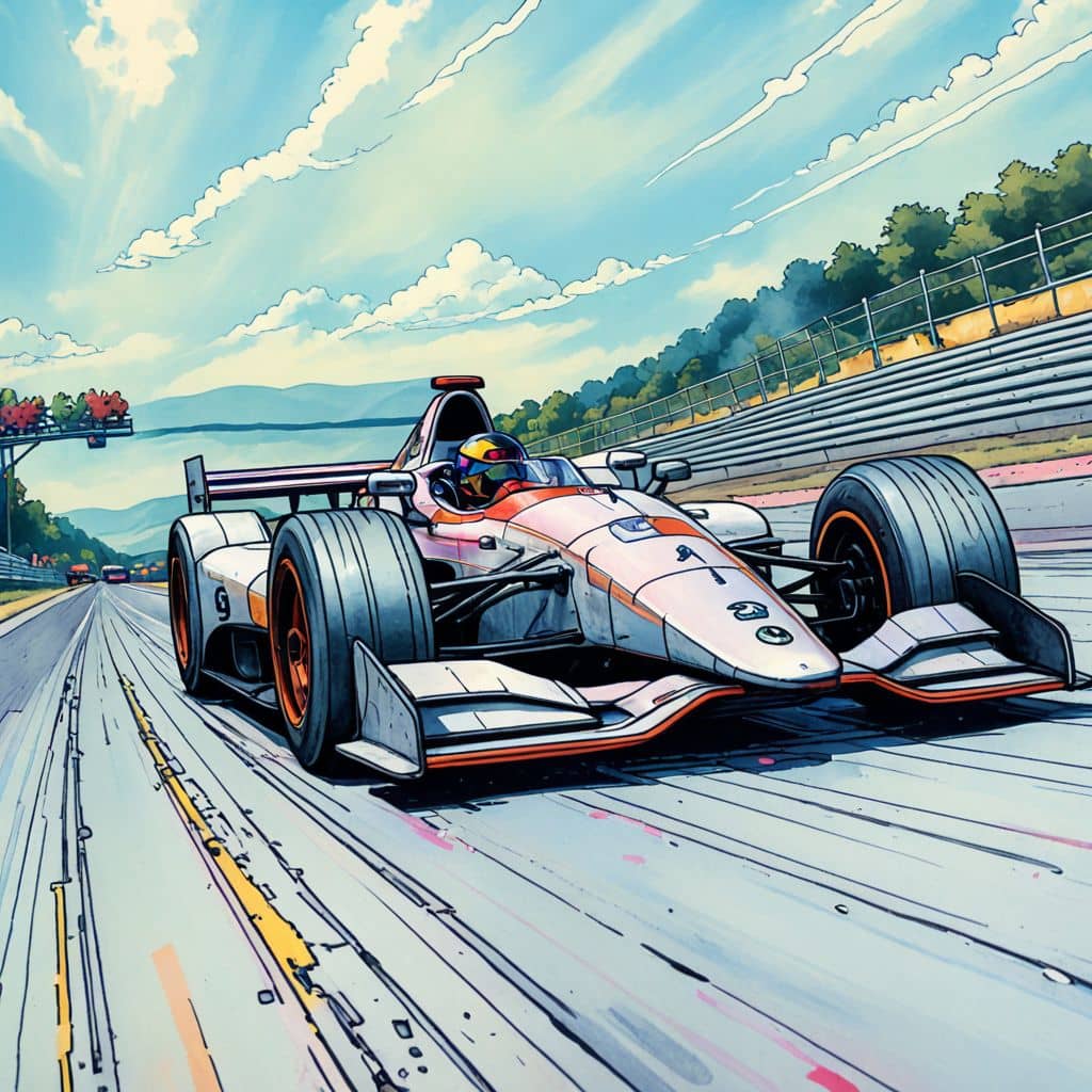 Colored Race Car speeding past the finish line
