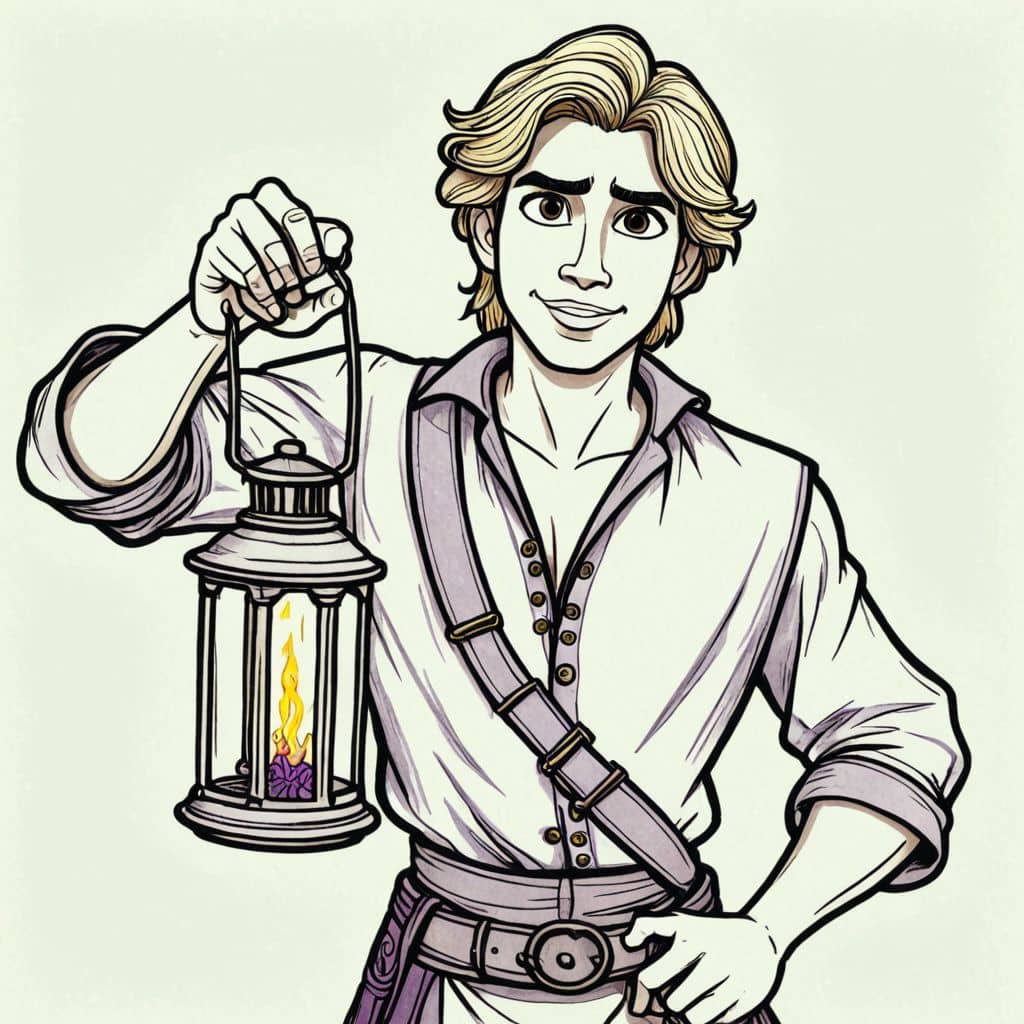 Colored Flynn Rider - the hero from Tangled Disney movie holding a lantern