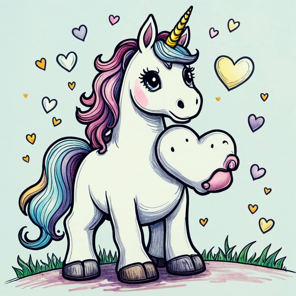 Colored Unicorn holding a heart on Valentine's Day