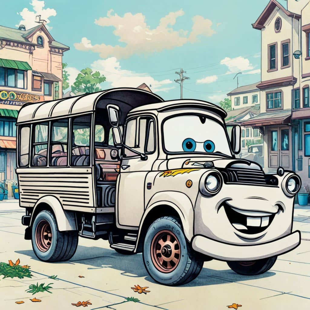 Colored Mater - the tow truck from Disney Cars towing a tuk-tuk in India