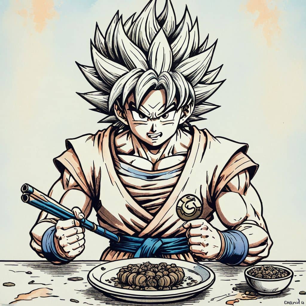 Colored Goku - the Saiyan warrior from Dragon Ball Z enjoying a plate of sushi