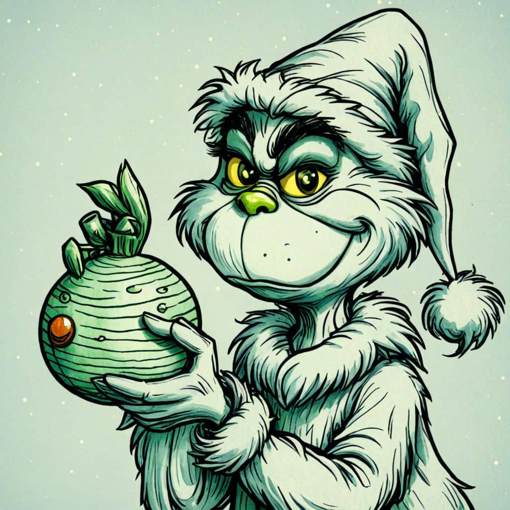 Colored Grinch - the character from Grinch cartoon holding a Christmas ornament