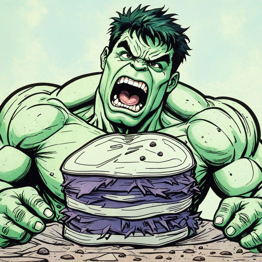 Colored Hulk from Marvel eating a giant sandwich