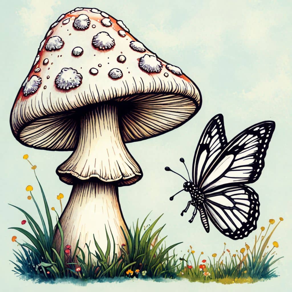 Colored Mushroom talking to a butterfly