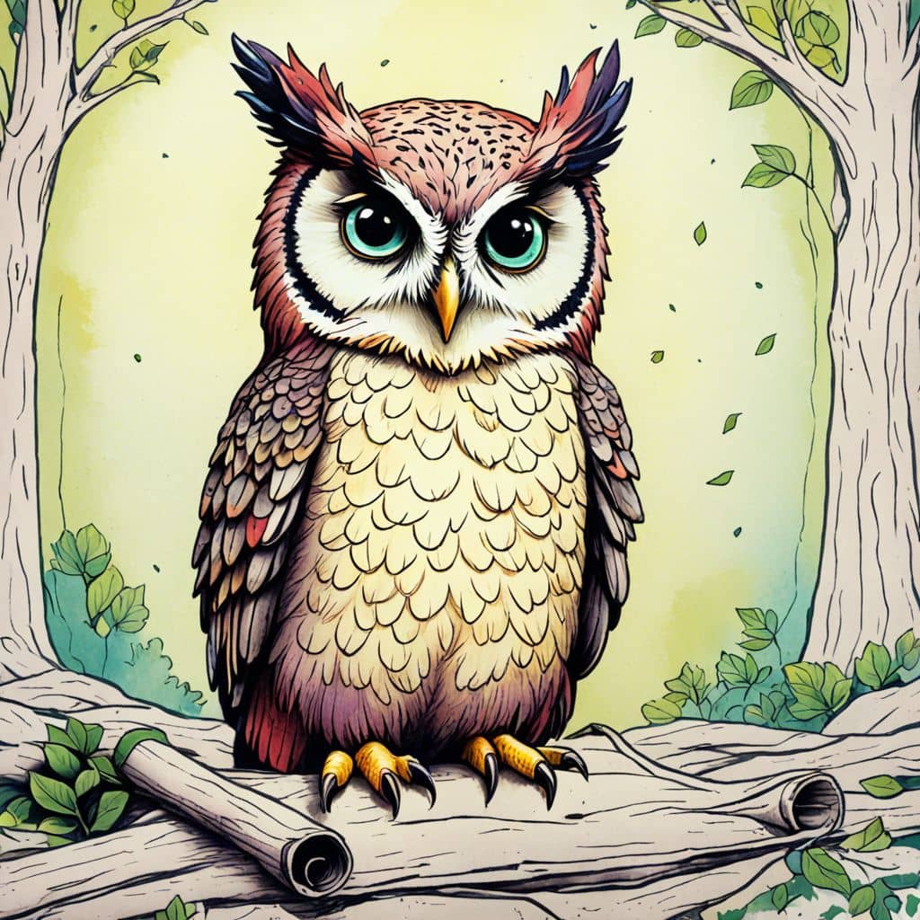 Colored Owl reading an ancient scroll