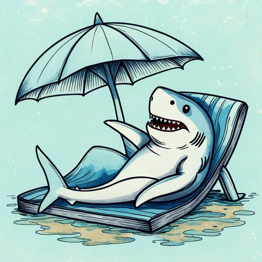 Colored Shark lounging under a beach umbrella