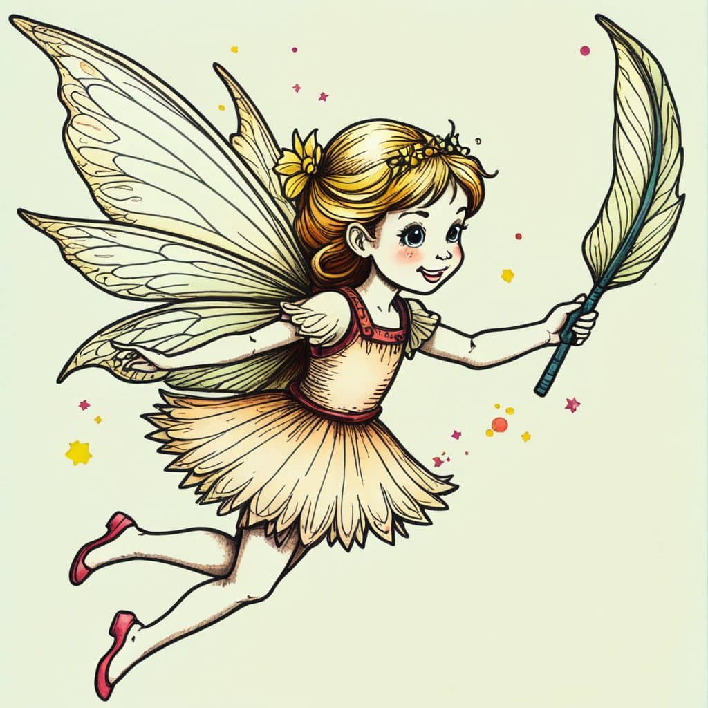 Colored Fairy flying with a quill