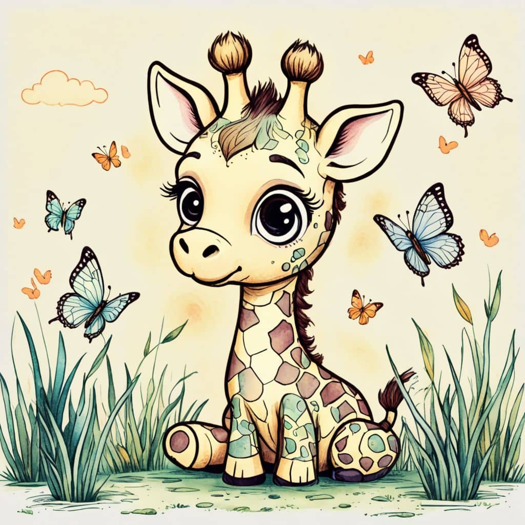Colored Chibi Giraffe playing with butterflies