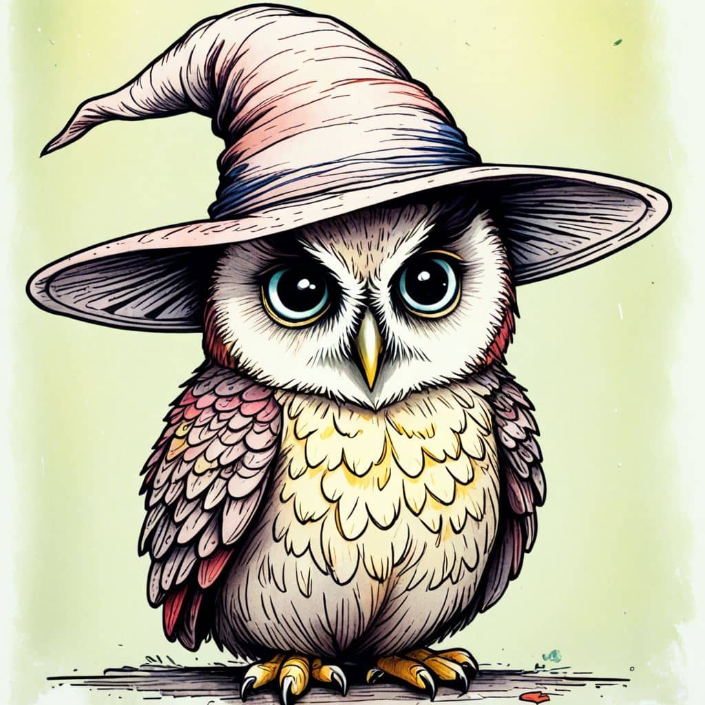 Colored Owl wearing a wizard's hat